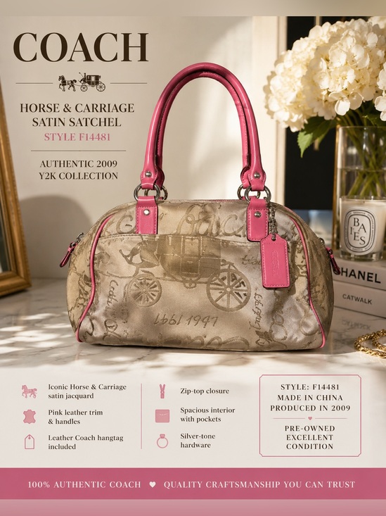 Coach Handbags - Y2K Coach Horse & Carriage Sateen Satchel Pink Trim F14481